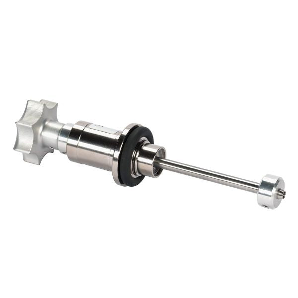 The Leybold North America Rotary/Linear Motion Feedthrough ISO-KF DN 16 features a star-shaped handle, cylindrical body, and long rod with round tip—engineered for vacuum use to ISO-KF standards, shown on a white background.