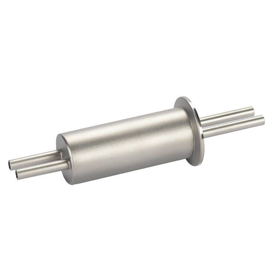 The cylindrical metal component, identified as "Liquid Feedthroughs ISO-KF" from Leybold North America, has a polished finish and features two pairs of parallel tubes extending from each end. One end includes a flange around the base of the tubes. This component is likely designed for mechanical or industrial applications, potentially functioning as a heat exchanger.