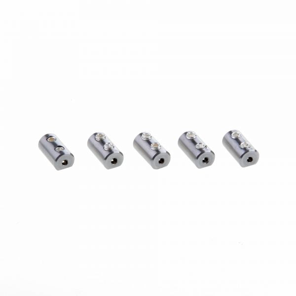 Five Leybold North America plugs for UHV-Current Feedthrough FE 40/4 // FE 40/9—Vacuum Side are arranged in a row on a white background, ideal connectors with holes and screws for ultra-high vacuum applications.