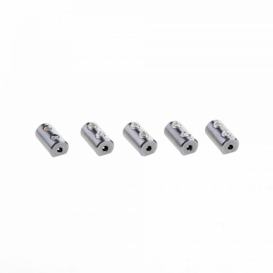 Five Leybold North America plugs for UHV-Current Feedthrough FE 40/4 // FE 40/9—Vacuum Side are arranged in a row on a white background, ideal connectors with holes and screws for ultra-high vacuum applications.
