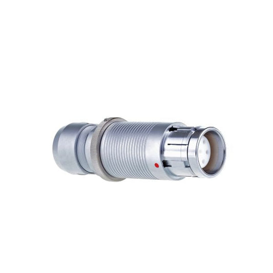 A close-up of the Leybold North America Feedthrough Plug 7 pins - Atmosphere Side, featuring a metallic cylindrical body with threaded design and visible pin sockets, shown isolated on a white background for secure connectivity.