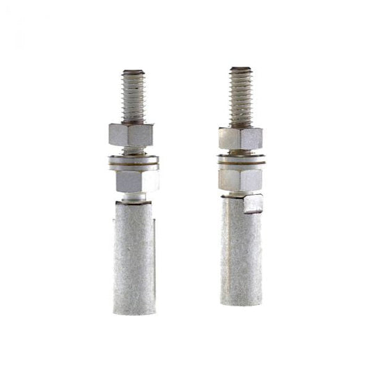 Against a plain white background, a pair of Leybold North America's Plug for UHV-Current feedthrough FEHC 16/1 // FEHC 40/2 - Atmosphere Side components, featuring silver metal mounting studs with threaded bolts, nuts, and washers specifically designed for UHV-current feedthrough applications, are standing upright.