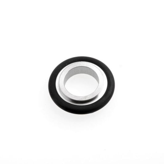 A Set of Centering Ring Adaptors ISO-KF by Leybold North America, surrounded by a black rubber or plastic coating, placed against a white background.