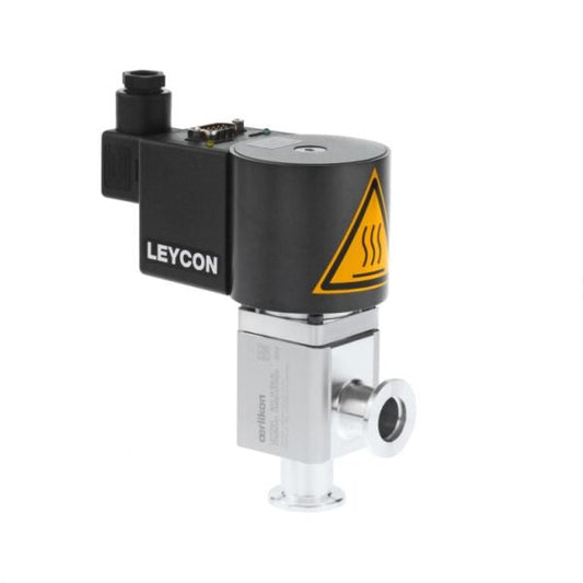 The device is an ISO-KF right angle valve, electromagnetically operated, branded by Leybold North America. It features a black and silver design with a yellow caution symbol indicating heat. The black portion is labeled "LEYCON," while the bottom metal segment includes a cylindrical attachment, with visible electrical components on the top.