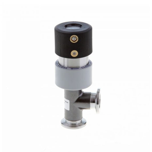 A Leybold North America Variable Leak Valve with Isolation Valve, featuring a metal and plastic cylindrical body, rotating black top, threaded connection, small pressure gauge, and silver finish. Its industrial design suits plumbing or mechanical systems for fluid flow control.
