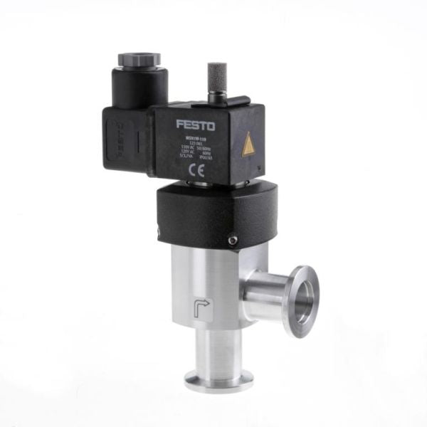 A Leybold North America SECUVAC Valve in silver and black features a cylindrical lower body with an electrical component on top, displaying product labels and a warning symbol. This valve has a pipe connection and is used for controlling fluid flow.