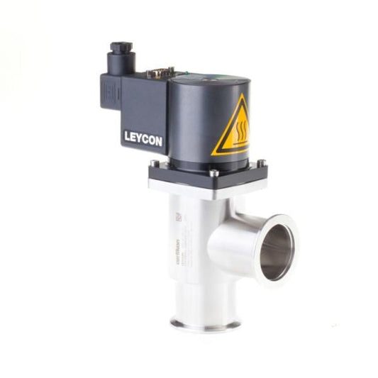 An ISO-KF Right angle valve, electromagnetically operated, branded as "Leybold North America," features a black and yellow caution symbol indicating high temperature. The industrial solenoid valve has a metallic body with a T-shaped configuration and various connectors for integration into a piping or mechanical system.