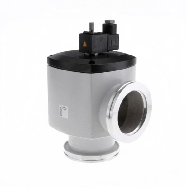 The SECUVAC Valve by Leybold North America is an industrial metal valve featuring a square gray body, a black top, and cylindrical openings on both sides. It includes a small connector on the top and displays a logo on the front, making it suitable for use in fluid control systems.