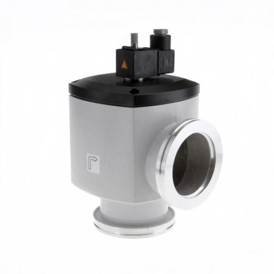 The SECUVAC Valve by Leybold North America is depicted with a gray cylindrical body and a black top. It features a side outlet, a round flange at the bottom, and is equipped with a small electronic component sporting a warning label on the top.