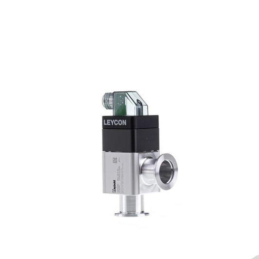The ISO-KF right angle valve, electropneumatically operated from Leybold North America, is a compact metallic device with a cylindrical body and features the "Leycon" label on a black panel near the top. It includes a flange and connector on one end and has a visible nozzle at the bottom, designed for industrial applications.