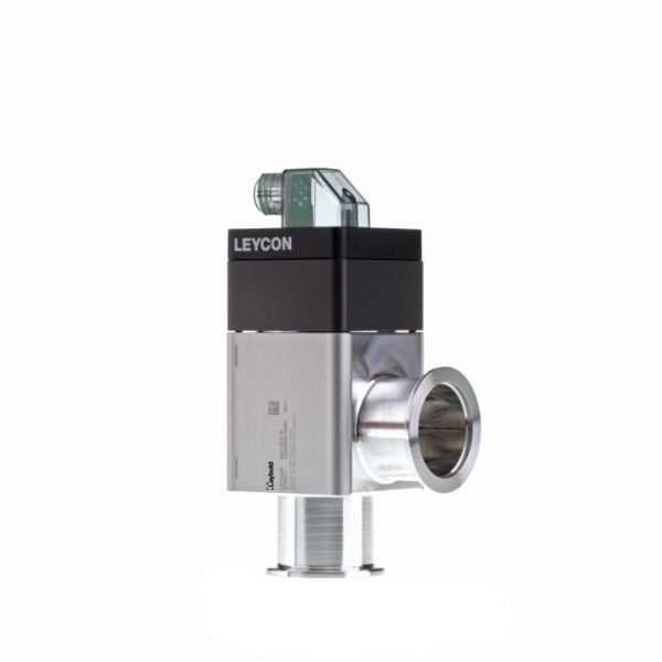 Image of an industrial vacuum valve labeled "Leybold North America," visible on a black section near the top. The ISO-KF right-angle valve is electropneumatically operated, featuring a metallic body with various inlets and outlets, and an electrical connector on the top. The background is plain white.