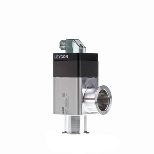 Image of an industrial vacuum valve labeled "Leybold North America," visible on a black section near the top. The ISO-KF right-angle valve is electropneumatically operated, featuring a metallic body with various inlets and outlets, and an electrical connector on the top. The background is plain white.