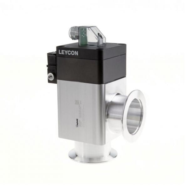 An ISO-KF right angle valve, electropneumatically operated, is branded by Leybold North America. The device showcases a robust rectangular body with a prominent digital display on the top and cylindrical metal flanges at the bottom and side for attachment to other equipment. Its exterior design is predominantly silver and black.