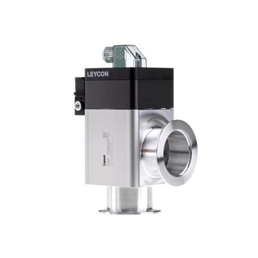 A metallic industrial component with a cylindrical shape, labeled "ISO-KF Right angle valve, electropneumatically operated" from Leybold North America. The device has a black top section with an electronic connector, a larger silver bottom section, and an attached circular flange.