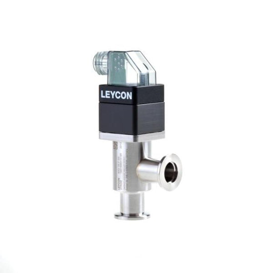 The "ISO-KF Right Angle Valve, Electropneumatically Operated" by Leybold North America features a metallic cylindrical body with a small circular flange at the bottom. The top part is transparent and houses an electrical connector or fitting, making it well-suited for mechanical or engineering applications.