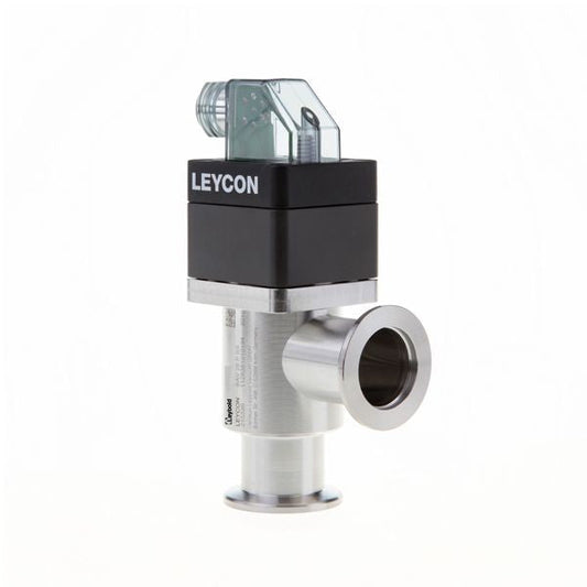 A Leybold North America-branded ISO-KF right angle valve with a metallic body and a black rectangular top. The valve features a cylindrical pipe attachment on the side and a transparent component on the top, likely for connection or control purposes. This valve is electropneumatically operated.