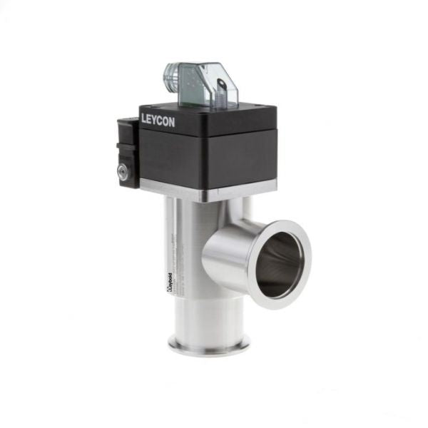 An ISO-KF right-angle valve, electropneumatically operated by Leybold North America, made of stainless steel with a rectangular black top featuring a small transparent component on the top and a connector on the side. The valve also includes a cylindrical base and a horizontal cylindrical opening.