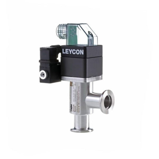 A Leybold North America ISO-KF right angle valve, electropneumatically operated, features a durable stainless steel body and a black actuator. This robust industrial solenoid valve includes an electrical connection at the top and a pipe fitting at the bottom, making it well-suited for demanding industrial applications.