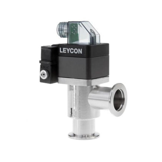 A Leybold North America ISO-KF Right Angle Valve, electropneumatically operated, featuring a stainless steel construction and a cylindrical base with a flange for connection. The valve is equipped with a black rectangular control module on top, marked "LEYCON," which includes a transparent cover and a conduit fitting for wiring. The entire assembly presents a clean and industrial appearance.