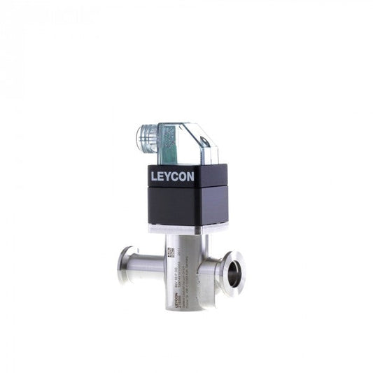 This ISO-KF Straight-through valve, electropneumatically operated by Leybold North America features a metallic vacuum gauge sensor with a cylindrical body and a transparent top labeled "LEYCON." The main body has a black band and is mounted horizontally. The base includes two circular flanges extending on either side for connection.