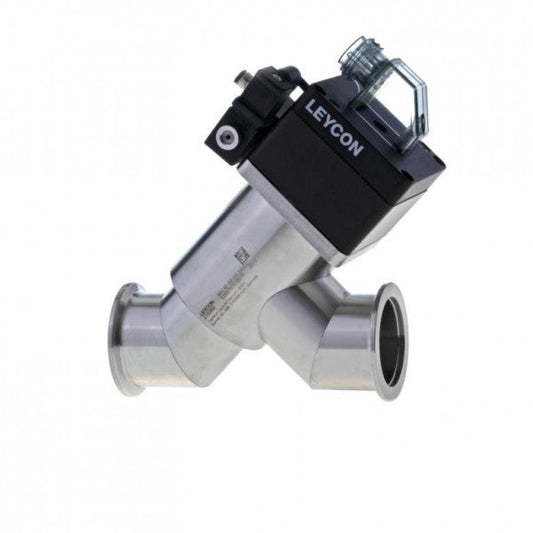 The ISO-KF Straight-through Valve by Leybold North America features a metallic body with two Y-shaped pipe connectors, specifically engineered for precise flow regulation. It includes a black electropneumatically operated control unit with "LEYCON" displayed on the top. This valve is perfect for use in fluid or gas systems.