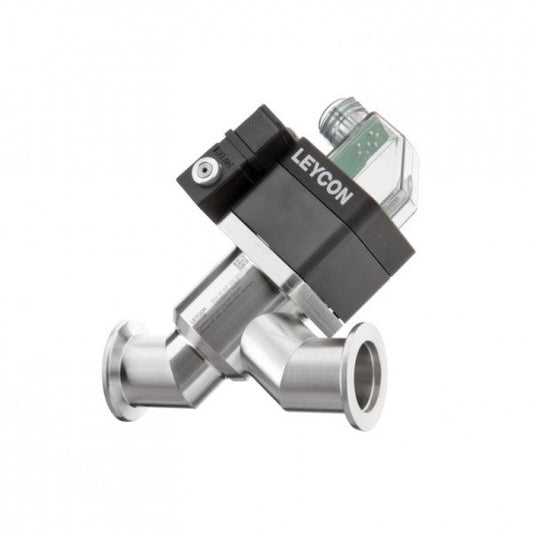 The ISO-KF Straight-through Valve from Leybold North America features stainless steel construction with flanged ends and is electropneumatically operated. It includes a black electronic actuator topped with a transparent cover, prominently displaying the "LEYCON" brand name. Engineered for industrial applications, it offers seamless integration into any pneumatic system for precise fluid control.