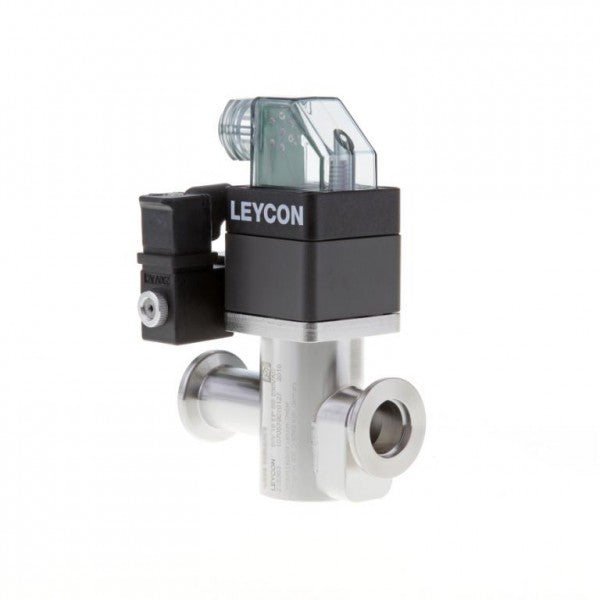A metallic Leybold North America ISO-KF Straight-through Valve, electropneumatically operated and featuring a transparent plastic component, is displayed against a white background. The T-shaped fluid control valve is designed for industrial processes and includes an electronic connection on one side.