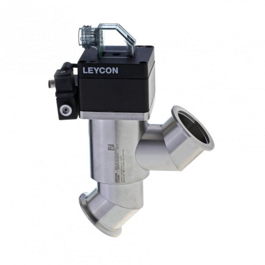 The ISO-KF Straight-through Valve, electropneumatically operated by Leybold North America, is a metal industrial valve featuring a T-shaped design and flanged ends. On top, it has a black rectangular component marked "Leycon." This valve expertly controls gas and vacuum flow in piping systems.