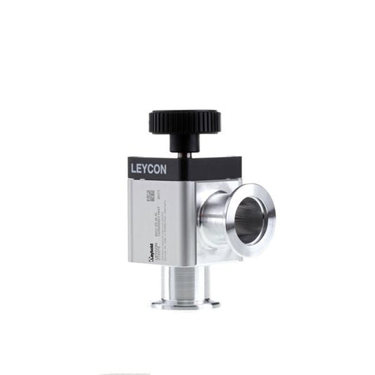 The ISO-KF right angle and straight-through valve by Leybold North America is a metallic industrial device with a cylindrical shape. It features a black adjustment knob on top labeled "Leycon" and has two pipe connectors on the sides along with a flat base for mounting. The surface is reflective with small printed details near the bottom.