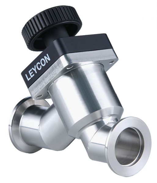 A stainless steel vacuum valve with a black adjustable knob on top is labeled "Leybold North America." This "ISO-KF Right angle and Straight-through valve, manually operated" features a T-shaped junction with two cylindrical ports and is designed for controlling the flow of gases or liquids.