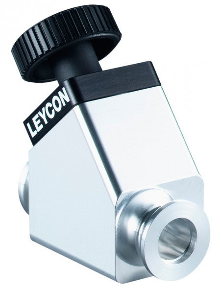 The product, "ISO-KF Right Angle and Straight-through Valve, manually operated," by Leybold North America is a silver, metallic device with a cylindrical opening in front and a black ribbed knob on top labeled "LEYCON." It features a geometric design with a blend of curved and flat surfaces.