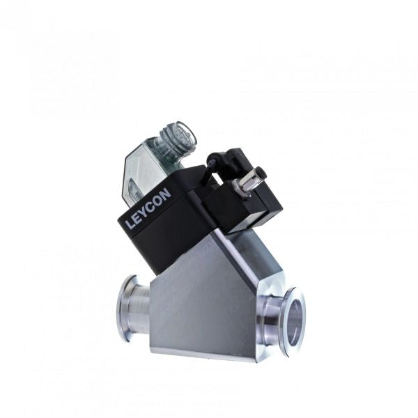Close-up of a metallic industrial component perfect for fluid flow management, showcasing a transparent connector on top and the brand name "Leybold North America" along the side. This hexagonal design features an ISO-KF straight-through valve, electropneumatically operated, with two flanges for connection.