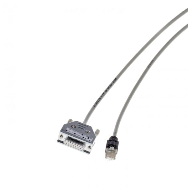The Leybold North America Connecting Cable Type B (20m) is a grey cable with a 15-pin VGA connector on one end and an RJ-45 on the other, crafted for durability and reliable data transfer, displayed against a white background.