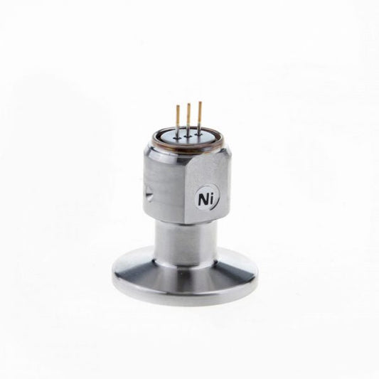The Replacement Sensing Cell THERMOVAC TTR 96 DN 16 ISO-KF by Leybold North America features a round base and three protruding pins labeled "Ni," set against a plain white background. Designed for precision, this component integrates seamlessly with ISO-KF systems to ensure accurate vacuum measurement.