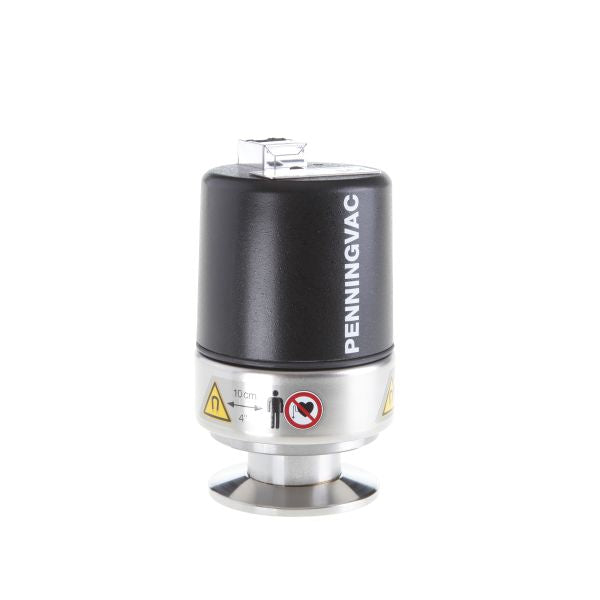 A close-up image of a PENNINGVAC PTR 90 vacuum gauge sensor from Leybold North America, featuring a black cylindrical top labeled "PENNINGVAC" and a metallic base. Warning and prohibition symbols are visible around the base, indicating safe operating distances and no-handling zones.