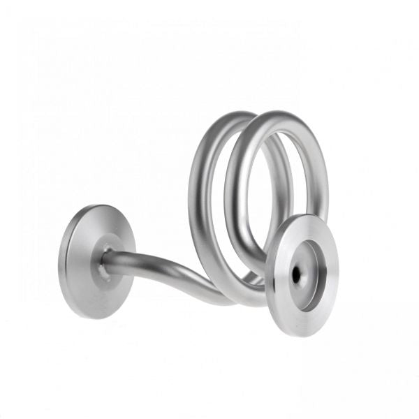 A modern, silver Spiral DN 16 ISO-KF by Leybold North America, designed for wall mounting with a unique, artistic appearance featuring two interlocking rings and two circular mounting bases on either end, seen against a plain white background.