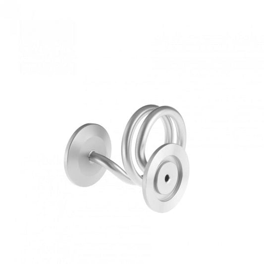 The Spiral DN 25 ISO-KF by Leybold North America is a steel pipe composed of three interconnected, curved sections, each topped with a cylindrical, disc-like base. The middle section forms two loops, creating a coil-like appearance that is both minimalist and industrial.