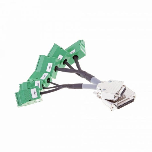 The image shows the Leybold North America Cable adapter set CM31 - CM51 with a 37-pin D-sub connector on one end and multiple green Phoenix connectors branching out from the other end. The Phoenix connectors are labeled with different numbers. This cable set is used for industrial or electronic applications.