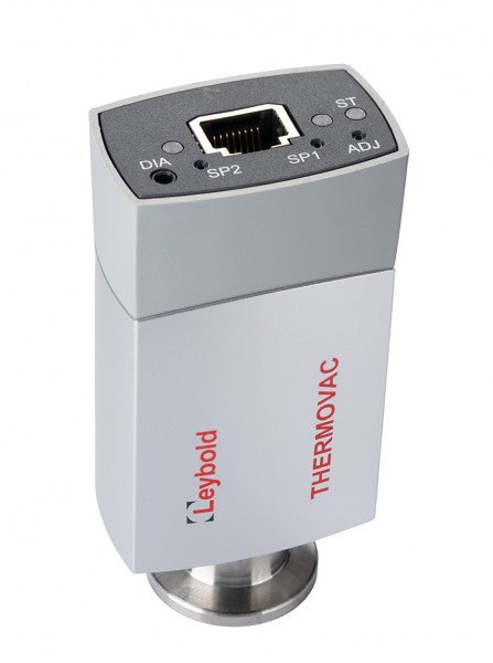 The Leybold North America THERMOVAC TTR 101 with Display vacuum gauge, equipped with an ethernet port, SP1 and SP2 buttons, and indicator lights, provides precise vacuum measurements. This device is crucial for obtaining accurate pressure readings in vacuum systems.