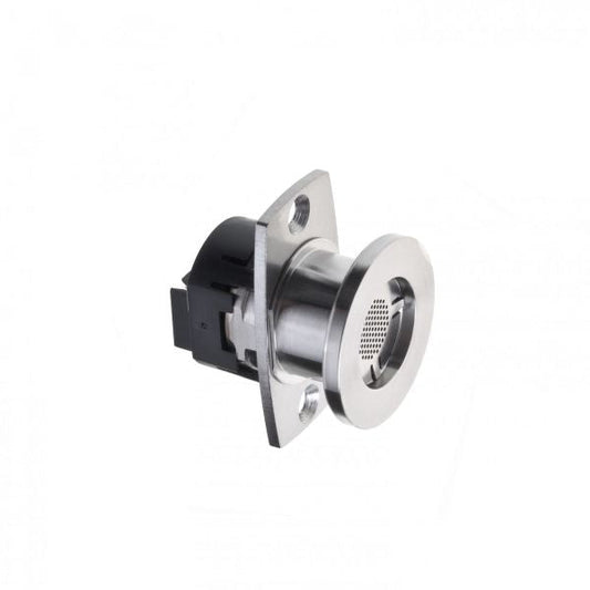 A close-up of a metallic mechanical part featuring a round, perforated surface and a square mounting plate, likely the Replacement Sensing Cell THERMOVAC TTR 101 DN 16 ISO-KF by Leybold North America. It includes an ISO-KF flange, making it ideal for industrial or electronic applications.