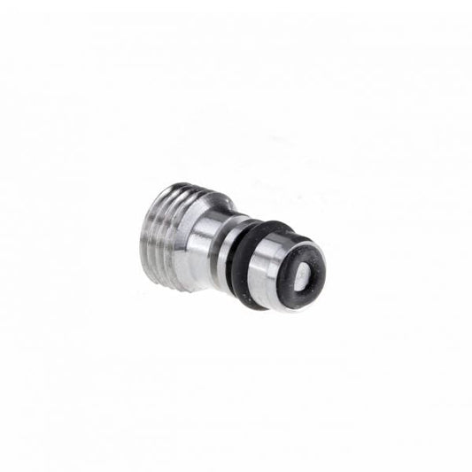 A close-up view of an Adjusting Screw for MR 16 / MR 50 by Leybold North America shows a small metal component with a threaded end, featuring two O-rings on the body. The cylindrical part appears to be a fitting or connector, possibly for plumbing or mechanical use. The background is plain and white, highlighting the object.