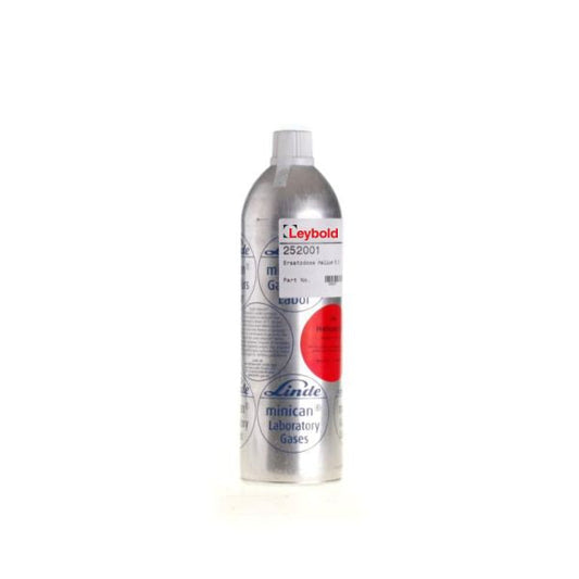 A metallic cylinder labeled "Leybold North America" and "Bottle with Helium - 1 liter - 12 bar" with a red circular sticker and a white label containing text. The cylinder has a cap on top and features circular patterns with text. Typical lab gas container.