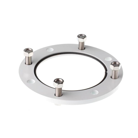 A close-up image of a white circular metal Collar Flange, DN 100, ND 6 by Leybold North America with four evenly spaced bolts and nuts secured around it. The flange has a central hole, and the bolts protrude outwardly. The background is plain white.