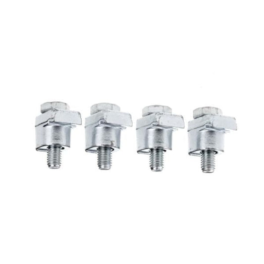 Four identical Leybold North America Claws for ISO-K Flanges DN 630 ISO-K, each with an attached rectangular washer, aligned horizontally on a white background—ideal for industrial flange securing applications.