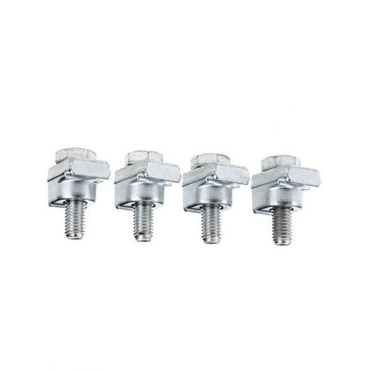 Four Leybold North America Claws for Sealing Groove in Base Plate DN 63/100 ISO-K are arranged in a horizontal line on a white background.