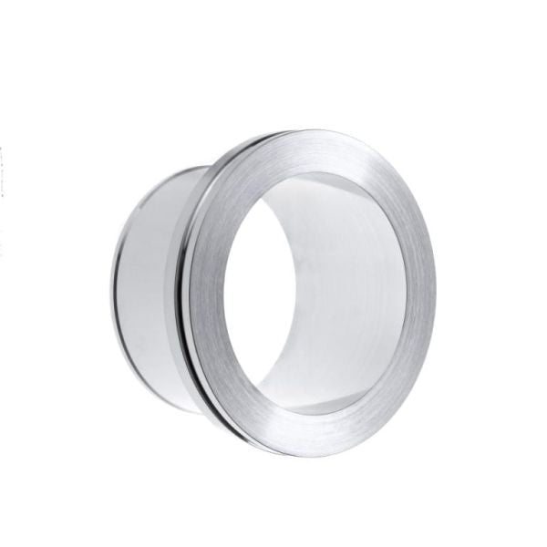 The Leybold North America Connections for Compensation Elements DN 63 ISO-K is a metallic circular ring with a wide, shiny surface, ideal for advanced connectivity, shown against a plain white background.