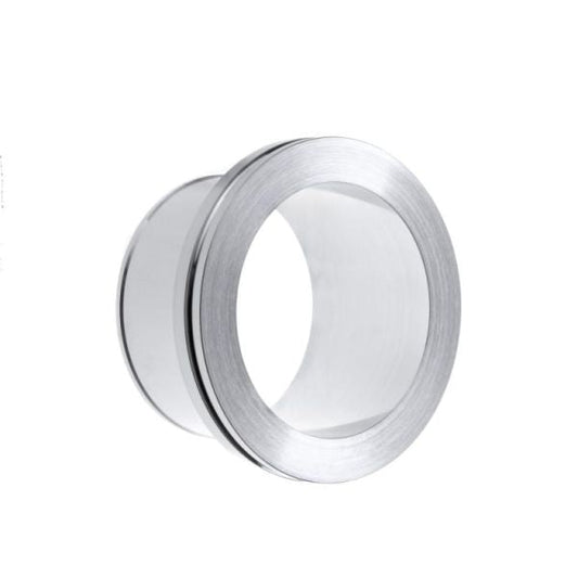 The Leybold North America Connections for Compensation Elements DN 63 ISO-K is a metallic circular ring with a wide, shiny surface, ideal for advanced connectivity, shown against a plain white background.