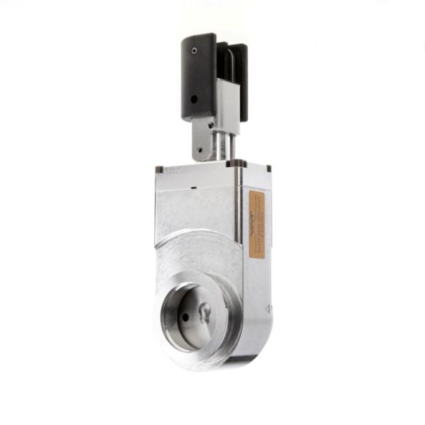 The Leybold North America Miniature HV Gate Valve DN ISO-KF is a metallic industrial component for compact systems, with a cylindrical opening below and a black rectangular top, shown on a white background. Ideal for precise flow control.