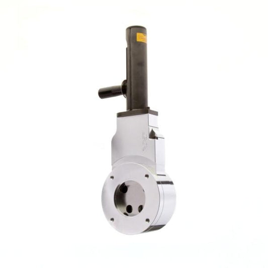 The Leybold North America HV Gate valve DN 63 ISO-F is a durable metallic industrial tool with a cylindrical handle and round base with multiple holes, designed for shut-off and flow control. Shown against a plain white background.
