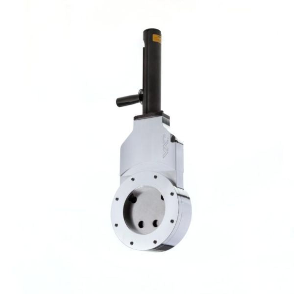 A Leybold North America HV Gate Valve DN 100 ISO-F with a circular flange and multiple bolt holes is mounted vertically against a white background, featuring a cylindrical actuator on top and side handle for optimal fluid flow control.